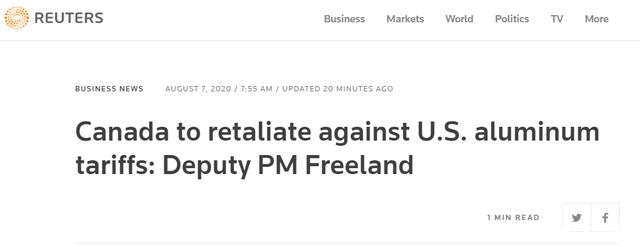 美國宣布對(duì)加拿大部分鋁產(chǎn)品恢復(fù)加征10%關(guān)稅，加方：將對(duì)等反制(圖1)